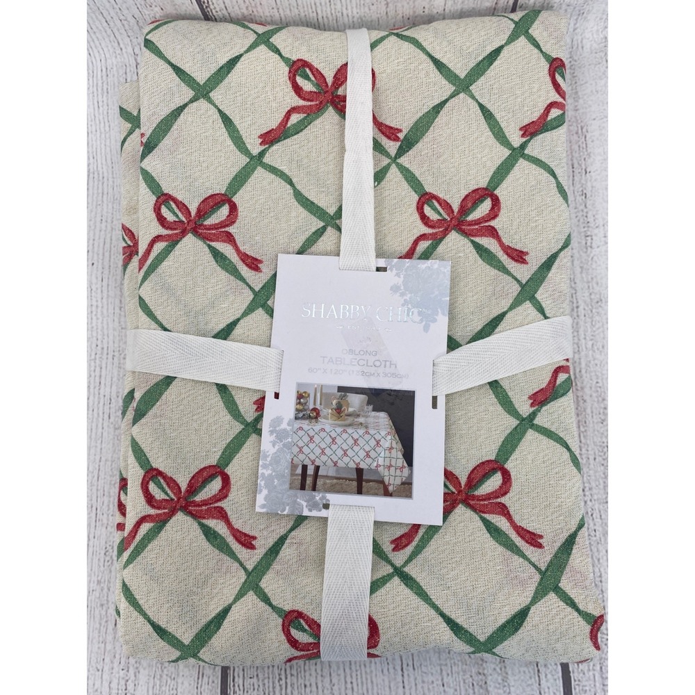Shabby Chic Tablecloth 60x120 Cream Christmas Red Bow Green Lattice Holiday